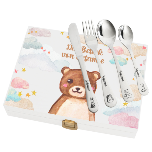 Personalisiertes Besteckset mit bedruckter Holzkiste Tiere und Wolken