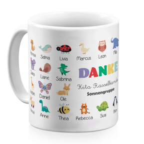 Personalisierte Tasse Danke mit Tieren und Vornamen Personalisierte Tasse Danke mit Tieren und Vornamen